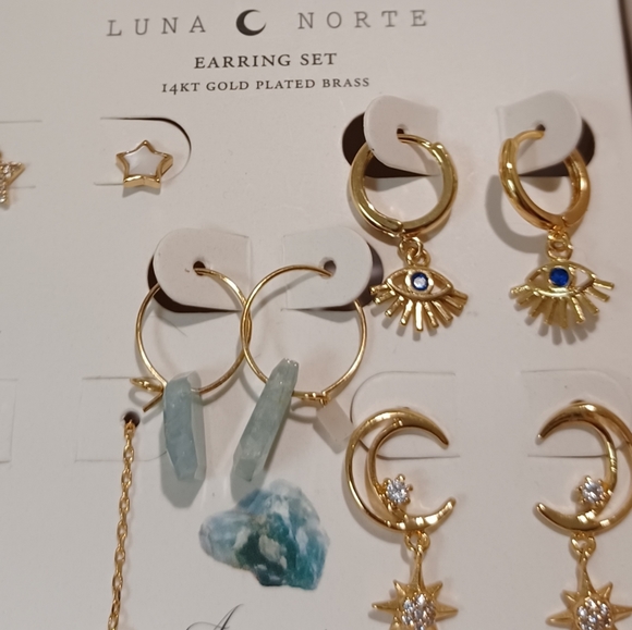 5 PAIRS OF EARRINGS BY LUNA NORTE GOLD PLATED AQUAMARINE GEMSTONES BRAND NEW - Picture 3 of 11